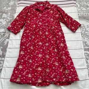 Vintage La Cera 100% cotton corduroy sz large floral print red midi dress